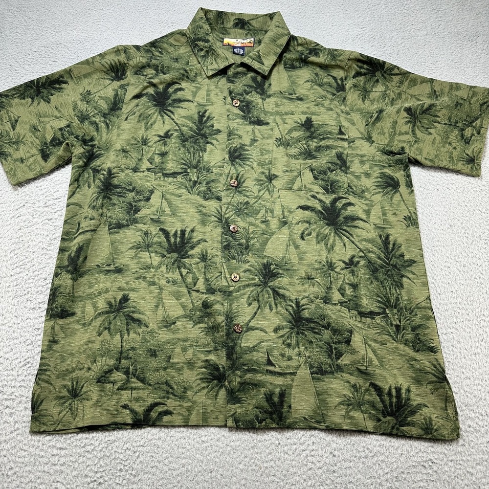 Havana Jack's Cafe Shirt‎ Men's Large Silk Hawaiian Palm Tree Sailboat Casual
